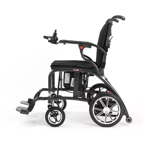 Dash Rehab Dash Carbon Pro Plus Powerchair with joystick, padded seat and footrests, side view.