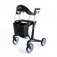Dash Rehab Dash Chic Carbon Rollator with four wheels, seat, storage bag and hand brakes on white background, front view.