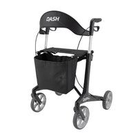 Dash Rehab Dash Chic rollator with lightweight carbon frame, seat, four large wheels, hand brakes and front pouch, side view.