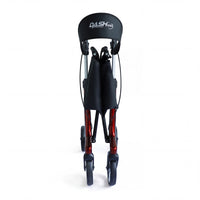 Dash Chic Carbon Rollator by Dash Rehab lightweight four-wheel walker with black seat and logo, side view.