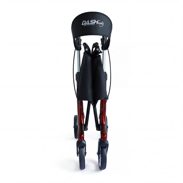 Dash Chic Carbon Rollator by Dash Rehab lightweight four-wheel walker with black seat and logo, side view.