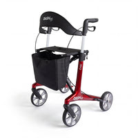 Dash Rehab Dash Chic Carbon rollator with 4 wheels, padded seat, curved backrest and large storage bag, side view.