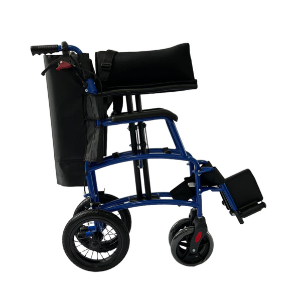 Dash Rehab Dash Express Pro Wheelchair, lightweight with folding backrest, folds compactly, side view.