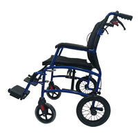 Dash Rehab Dash Express Pro Wheelchair with black seat, armrests, footrests and folding backrest, side view.