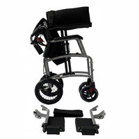 Dash Rehab Dash Express Pro Wheelchair folded with footrests and black bag, white background, angled view.