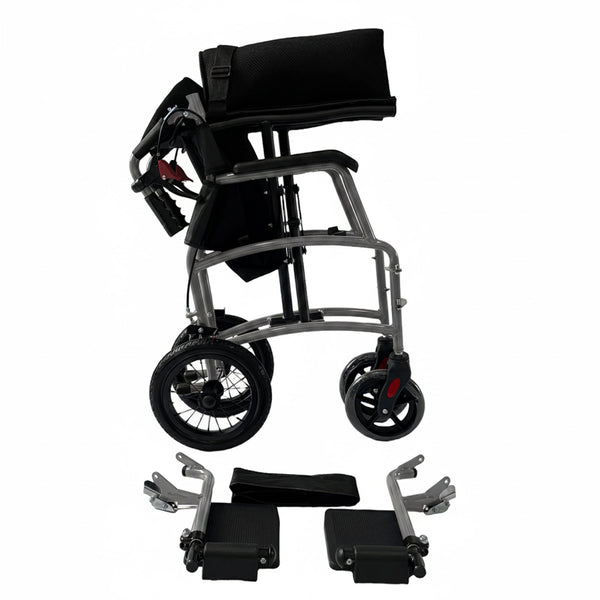 Dash Rehab Dash Express Pro Wheelchair folded with footrests and black bag, white background, angled view.