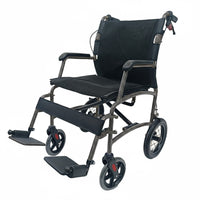 Dash Rehab Dash Express Pro Wheelchair with lightweight aluminium frame, folding backrest, armrests, footrests and four wheels, side view.