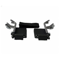 Pair of leg rests with footplates and strap for Dash Express Pro Wheelchair by Dash Rehab, white background, front view.