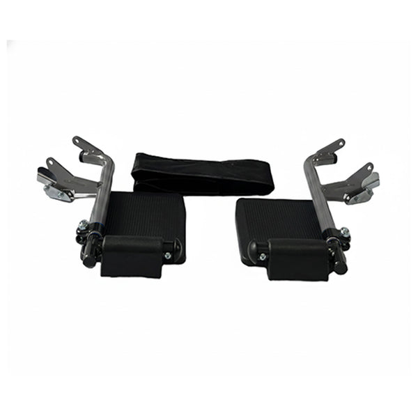 Pair of leg rests with footplates and strap for Dash Express Pro Wheelchair by Dash Rehab, white background, front view.