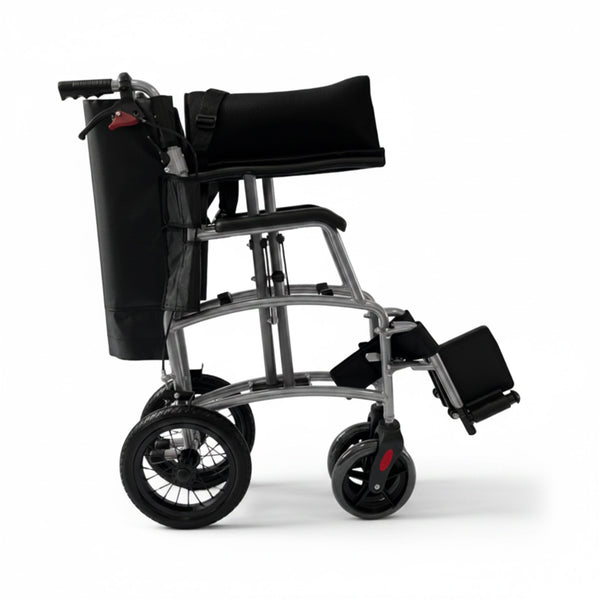 Dash Rehab Dash Express Pro Wheelchair, lightweight aluminium frame with footrests, side view against white background.