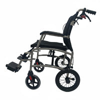 Dash Express Pro Wheelchair with folding backrest, aluminium frame, handbrakes and footrests, side view.