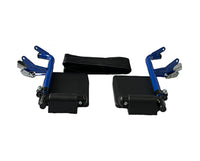 Pair of metal leg rests with padded footplates for Dash Express Pro Wheelchair by Dash Rehab, front view.