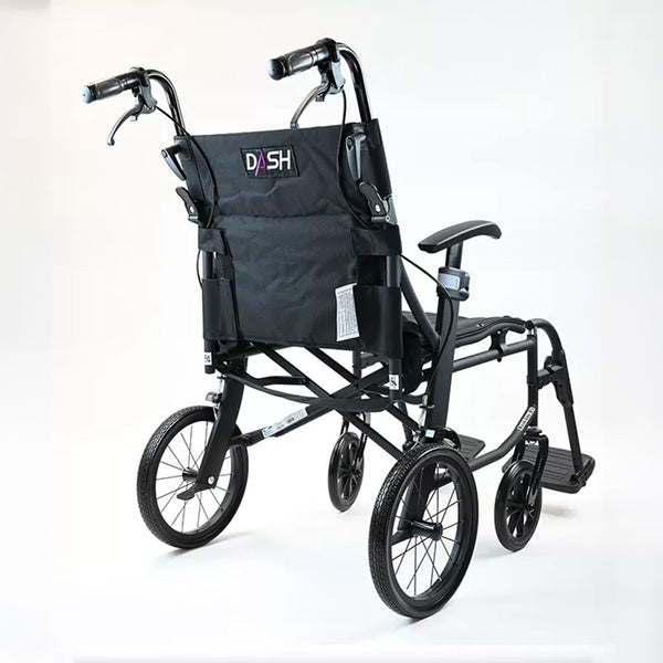 Dash Rehab Dash Lite 4 Attendant Propelled Wheelchair with large rear wheels and handles, white background, side view.