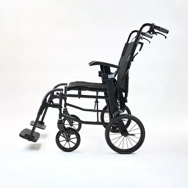 Dash Rehab Dash Lite 4 Attendant Wheelchair with footrests, hand brakes and large wheels, white background, front angle.
