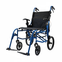 Dash Rehab Dash Lite 4 attendant propelled wheelchair with folding frame and black seat, side view.