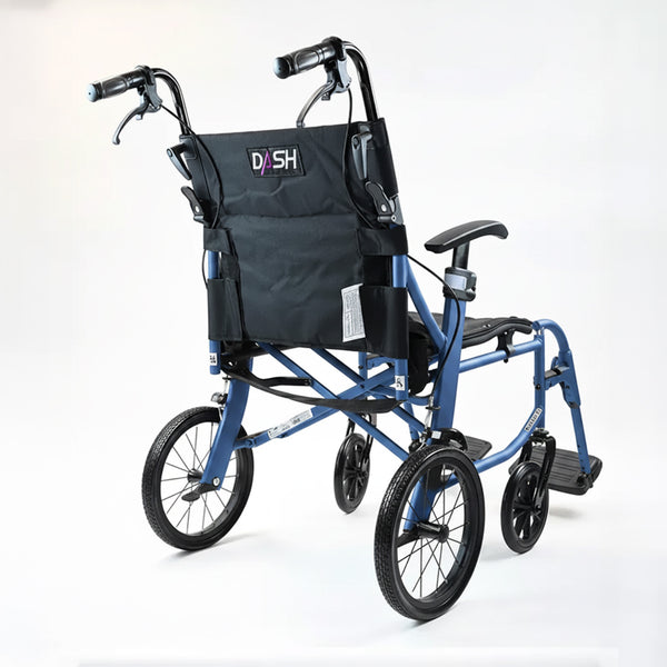 Dash Rehab Dash Lite 4 Wheelchair with aluminium frame, black handles, footrests and large rear wheels, side view.