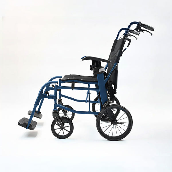 Dash Rehab Dash Lite 4 Wheelchair with aluminium frame, black armrests, footrests and handles, side view.