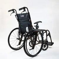 Dash Rehab Dash Lite 4 Self Propelled Wheelchair with aluminium frame, large rear wheels and footrests, rear view.