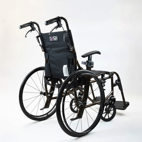 Dash Rehab Dash Lite 4 Self Propelled Wheelchair with aluminium frame, large rear wheels and footrests, rear view.