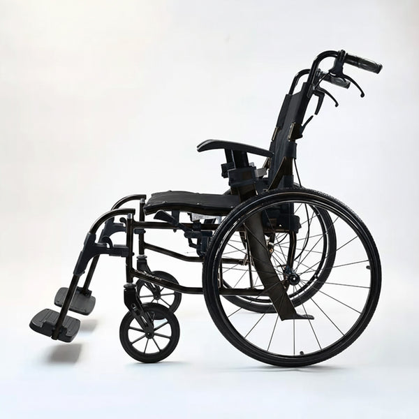 Dash Rehab Dash Lite 4 self propelled wheelchair with aluminium frame and footrests, side view.
