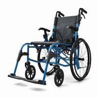 Dash Rehab Dash Lite 4 self propelled wheelchair with black seat, armrests, large rear wheels and footrests, side view.