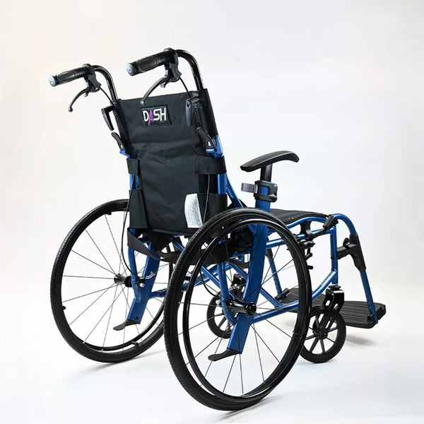 Dash Lite 4 Self Propelled Wheelchair with aluminium frame, large rear wheels and foldable footrest, side view.