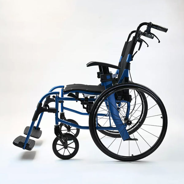 Dash Lite 4 Self Propelled Wheelchair with aluminium frame, black armrests and footrests, side view.