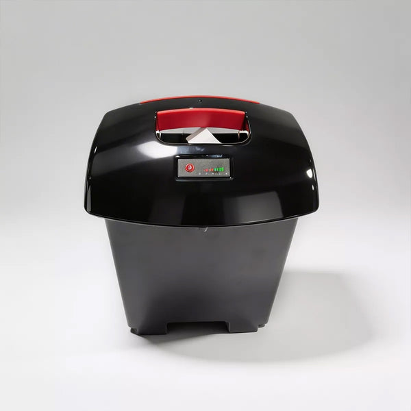 Dash Lunar Powerchair by Dash Rehab, lightweight and portable design on a plain grey background, side view.
