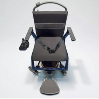 Dash Rehab Dash Lunar Powerchair with left joystick, seatbelt and footrest, lightweight and compact design, top view.