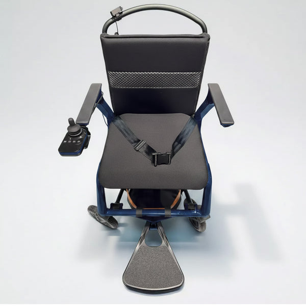 Dash Rehab Dash Lunar Powerchair with left joystick, seatbelt and footrest, lightweight and compact design, top view.
