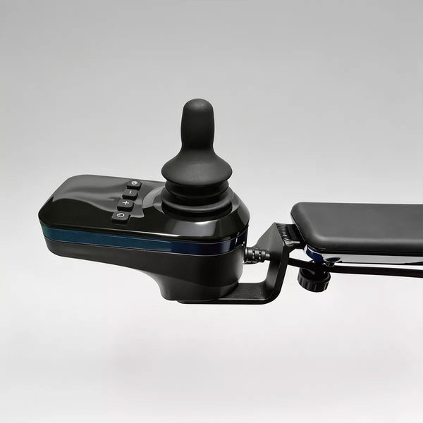 Dash Rehab Dash Lunar Powerchair joystick controller with buttons on armrest, grey background, close-up view.