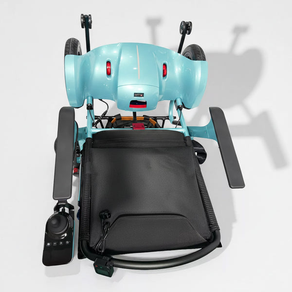 Dash Rehab Dash Lunar Powerchair with black seat and joystick on white background, top view.