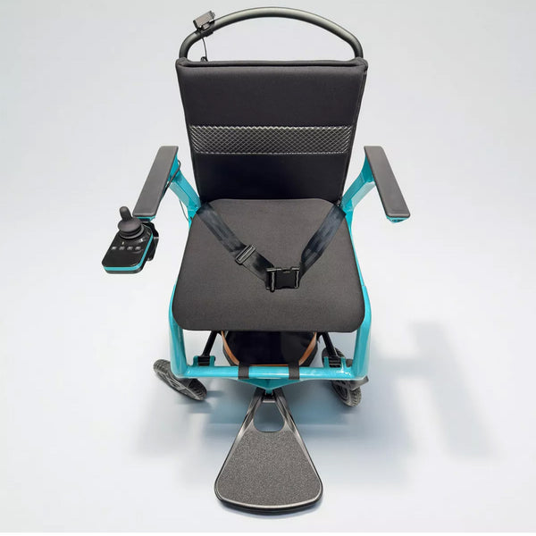 Dash Rehab Lunar Powerchair with seatbelt, armrests, joystick and footrest, lightweight design, top view.