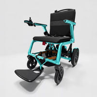 Dash Rehab Dash Lunar Powerchair with joystick, black seat and footrest, lightweight design, front view.