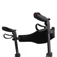 Close-up of two black handles and mesh backrest on the lightweight Dash Sleek Rollator by Dash Rehab, white background.