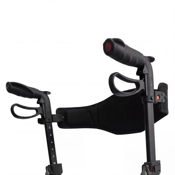 Close-up of two black handles and mesh backrest on the lightweight Dash Sleek Rollator by Dash Rehab, white background.