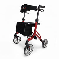Dash Rehab Dash Sleek Rollator with seat, backrest, hand brakes and black storage pouch under the seat, side view.