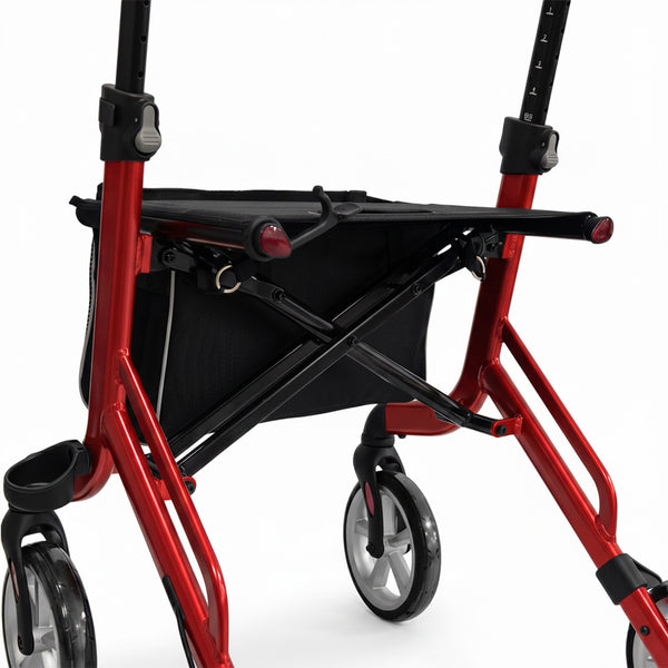 Dash Rehab Dash Sleek Rollator with black pouch, grey wheels, adjustable handles on white background, close-up.