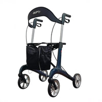 Dash Suave Carbon Rollator with ergonomic brakes, storage bag, and curved backrest, front view.