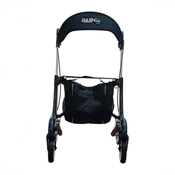 Dash Suave Carbon Rollator by Dash Rehab with ergonomic brakes, black bag, DASH canopy; front view.
