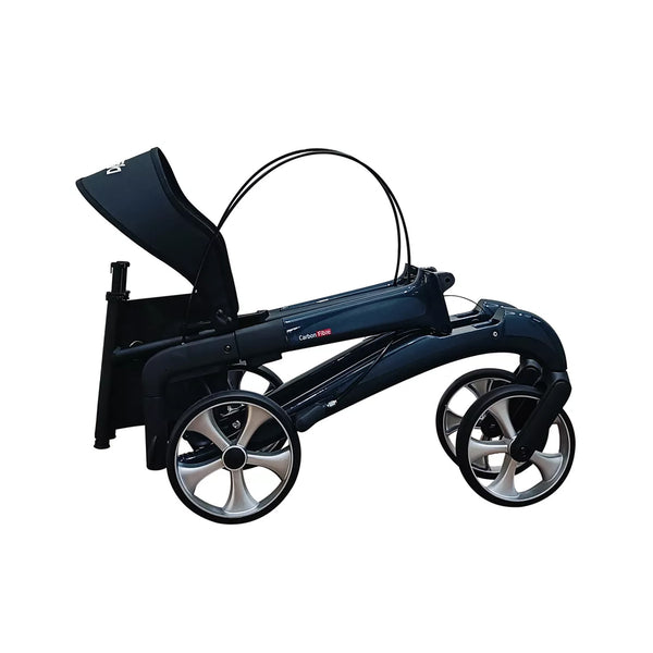 Dash Rehab Dash Suave Carbon Rollator folded with silver wheels and curved handle, side view.