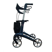 Dash Suave Rollator by Dash Rehab with four wheels, ergonomic brakes, seat and under-seat storage, side view.