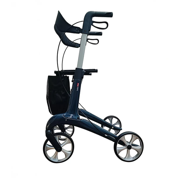 Dash Suave Rollator by Dash Rehab with four wheels, ergonomic brakes, seat and under-seat storage, side view.