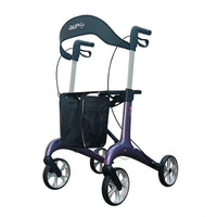 Dash Rehab Dash Suave Carbon Rollator, lightweight four-wheel mobility aid with black pouch and handles, side view.