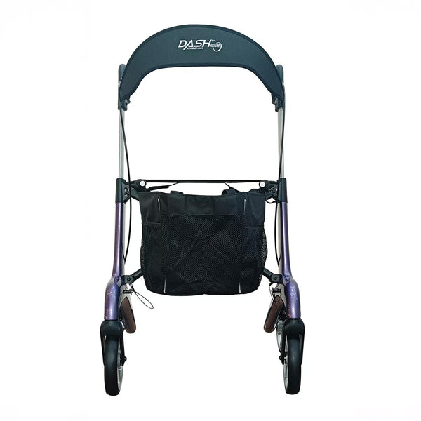 Dash Rehab Dash Suave Carbon Rollator with storage bag and black canopy, front view.