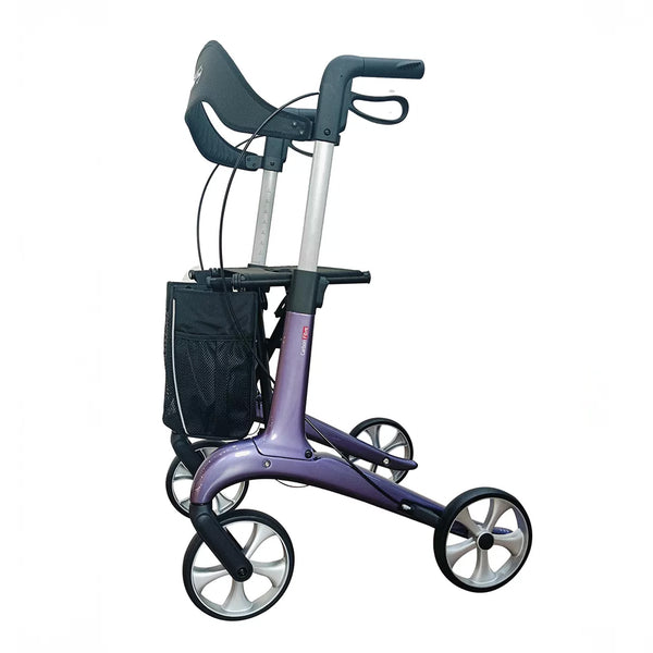 Dash Rehab Dash Suave Carbon Rollator with 4 wheels, padded seat, storage pouch and ergonomic handles, side view.