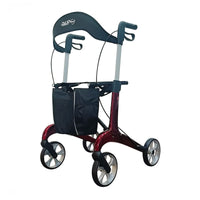 Dash Rehab Dash Suave Carbon Rollator with seat, ergonomic brakes and front storage bag, side view.