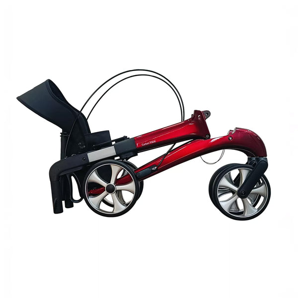 Dash Rehab Dash Suave Carbon Rollator with large silver wheels, ergonomic brakes, compact fold and black canopy, front angle view.