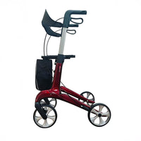 Dash Rehab Dash Suave Carbon Rollator with four wheels, ergonomic brakes and black storage bag, side view.