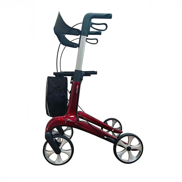 Dash Rehab Dash Suave Carbon Rollator with four wheels, ergonomic brakes and black storage bag, side view.